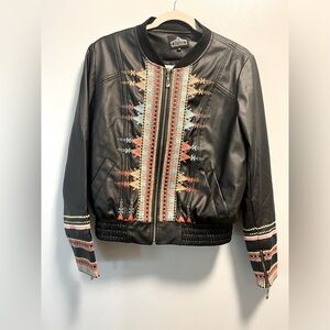 Embroidered Black Faux Leather Jacket